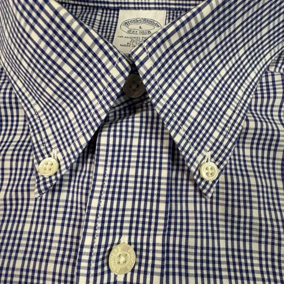 Brooks Brothers Men's L Slim Fit Blue & White Gingham LS Dress Shirt‎ SEE DESC - Picture 8 of 16